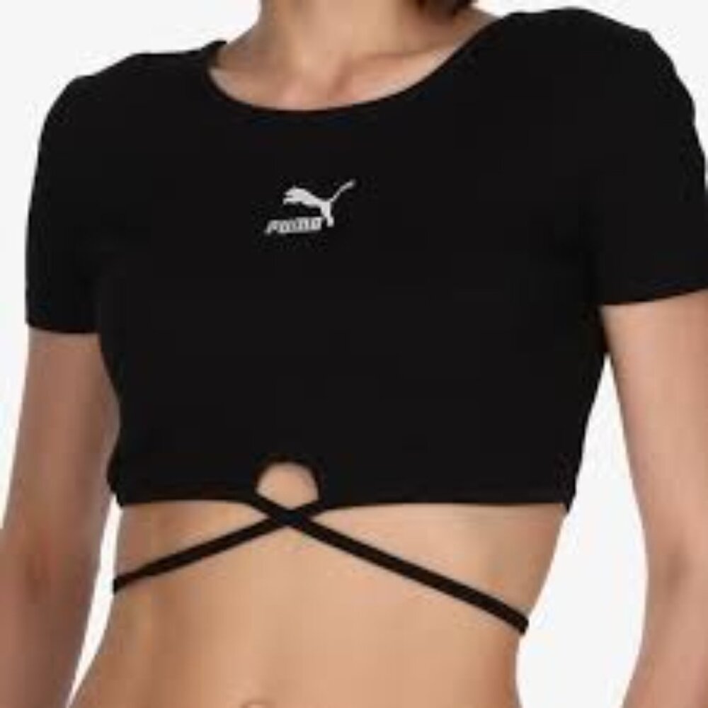 Puma Classic Fit Ribbed Crop Tee Black String Tie Bottom Hem Women's Medium